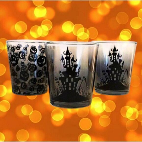 Black Frosted Spooky Halloween Printed 4" Glass Tumblers Set of 3 NWT - Picture 5 of 16